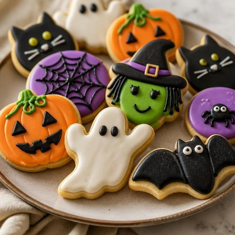Assorted Halloween sugar cookies shaped like ghosts, pumpkins, and bats