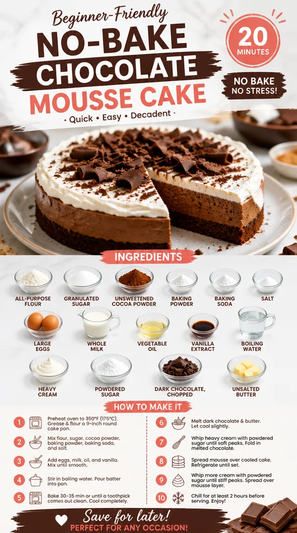 Delicious no-bake chocolate mousse cake topped with chocolate shavings