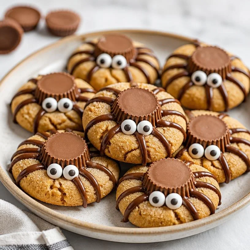Easy peanut butter spider cookies ready to be enjoyed