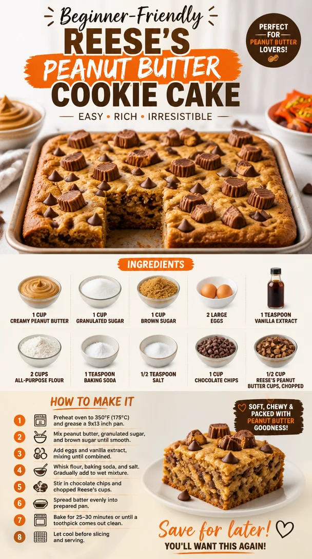 Delicious beginner-friendly Reese's Peanut Butter Cookie Cake topped with chocolate