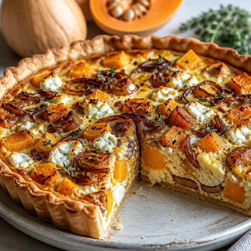 Butternut squash quiche with goat cheese and caramelized onions sliced on a plate