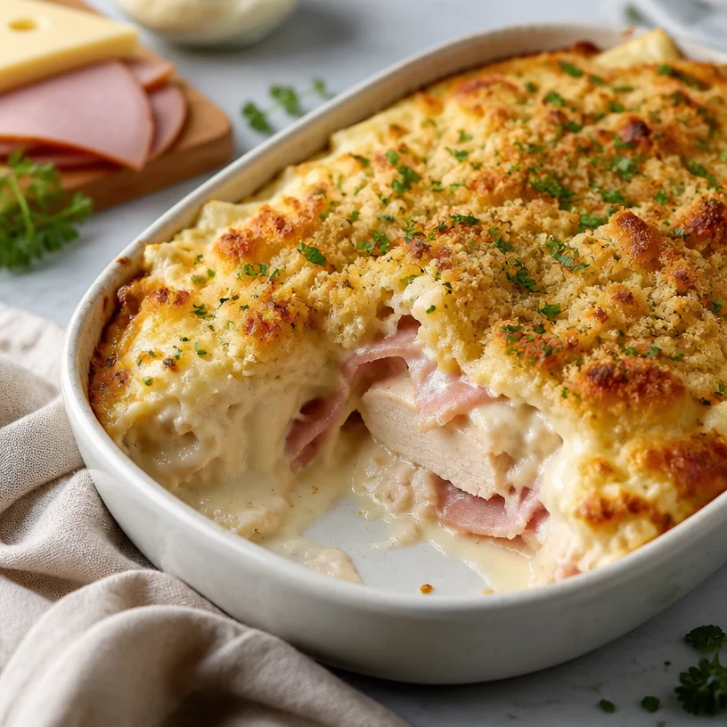 Delicious Chicken Cordon Bleu Casserole with cheese and ham layers