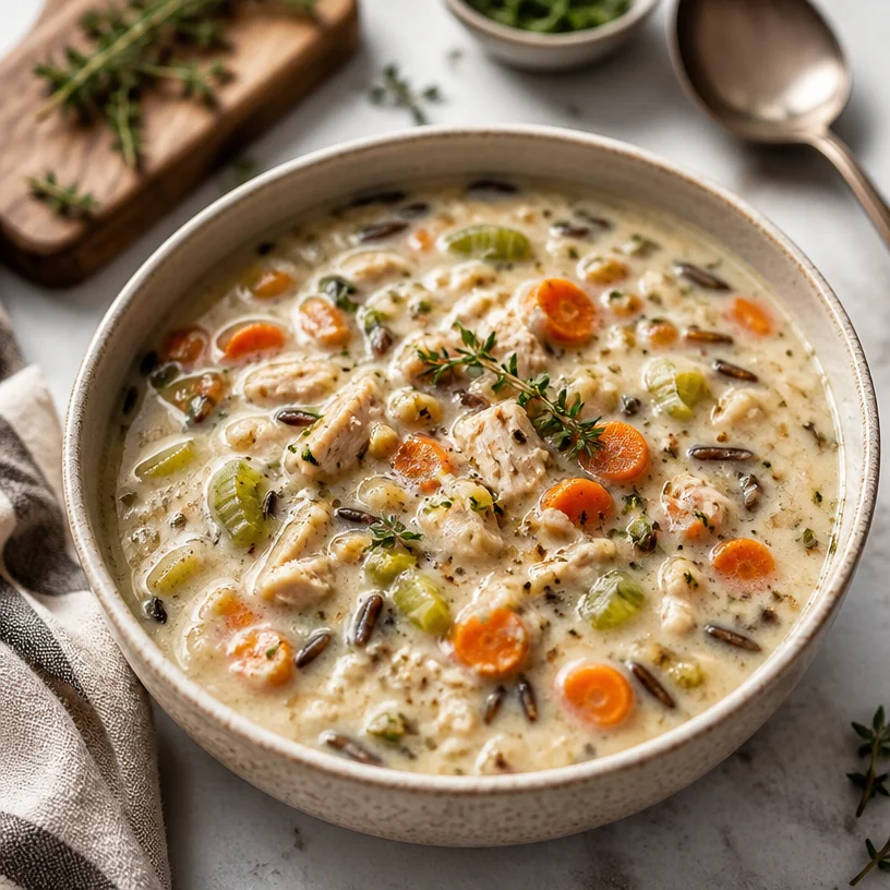 Bowl of chicken and wild rice soup garnished with herbs