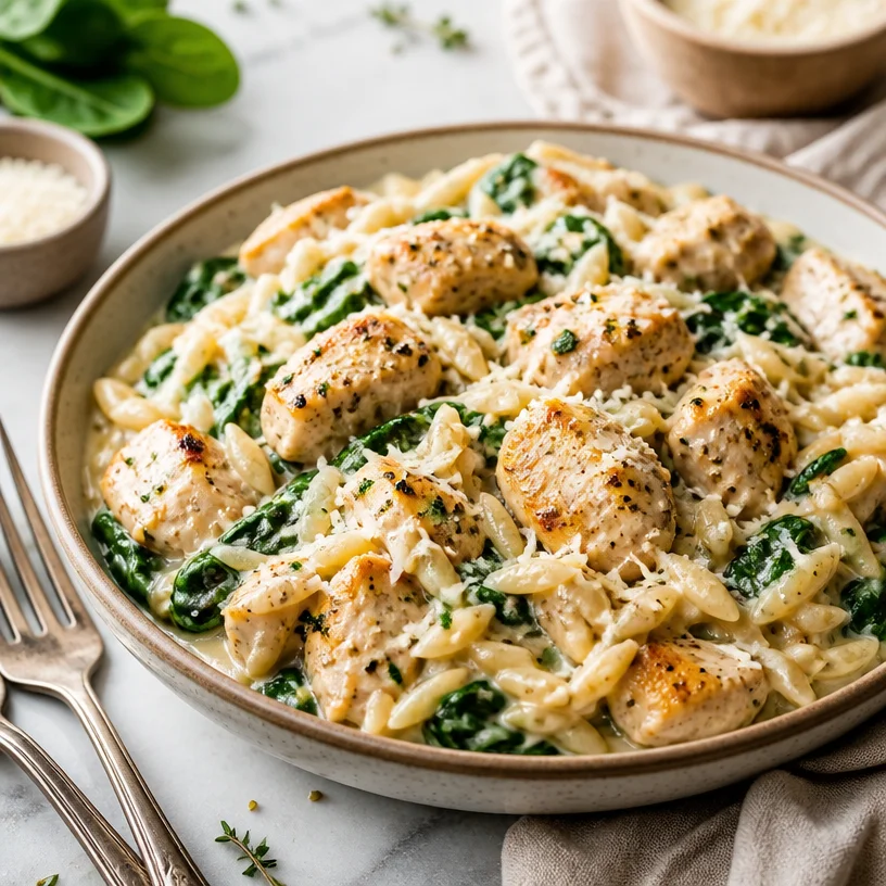 Creamy chicken orzo in a pot, quick one-pot meal for weeknight dinners.