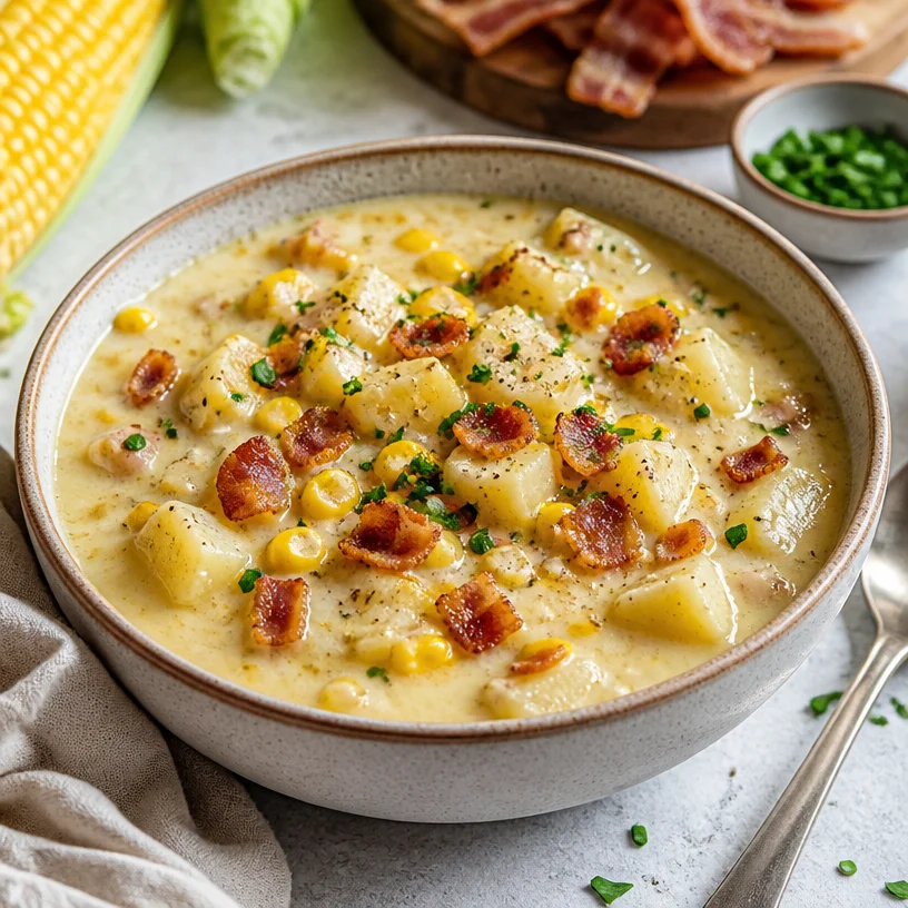 Bowl of creamy corn chowder served with fresh herbs and cornbread