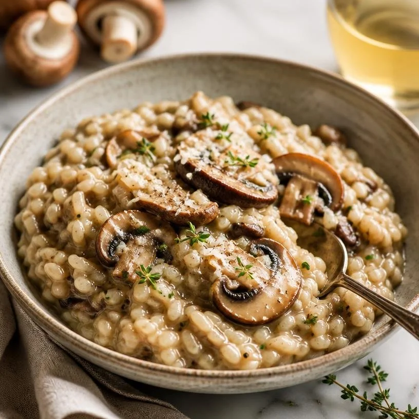 Delicious creamy mushroom risotto served in a bowl with garnish