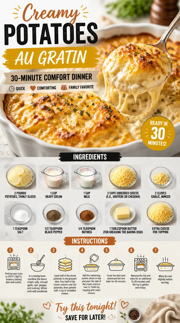 Delicious creamy potatoes au gratin ready to serve for a comforting dinner.