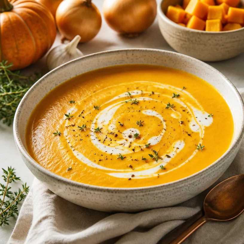 Bowls of creamy pumpkin soup garnished with herbs and spices, perfect for fall