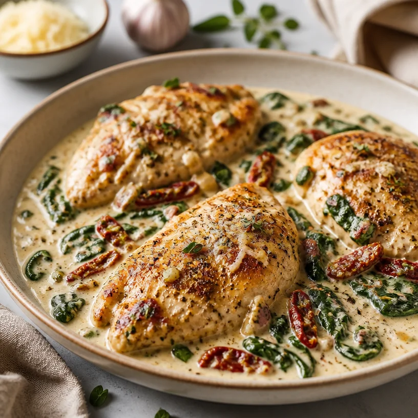 Creamy Tuscan Chicken dish with creamy sauce and fresh herbs