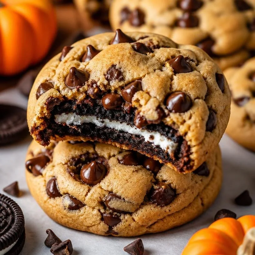 Oreo-stuffed chocolate chip Halloween cookies on a spooky-themed plate.