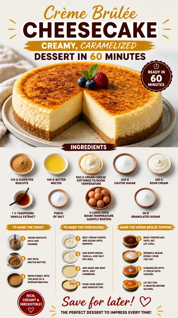 Delicious Crème Brûlée Cheesecake topped with caramelized sugar crust