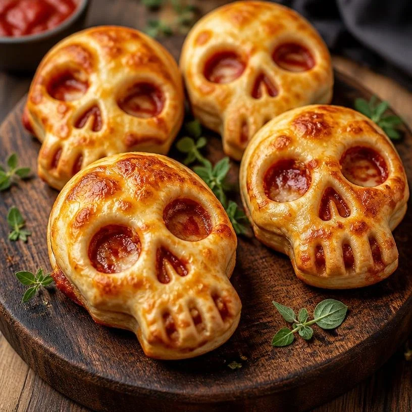 Crispy cheesy pizza skulls served as Halloween party bites