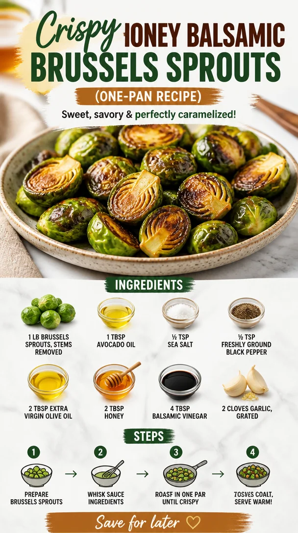 Crispy Honey Balsamic Brussels Sprouts served in a skillet