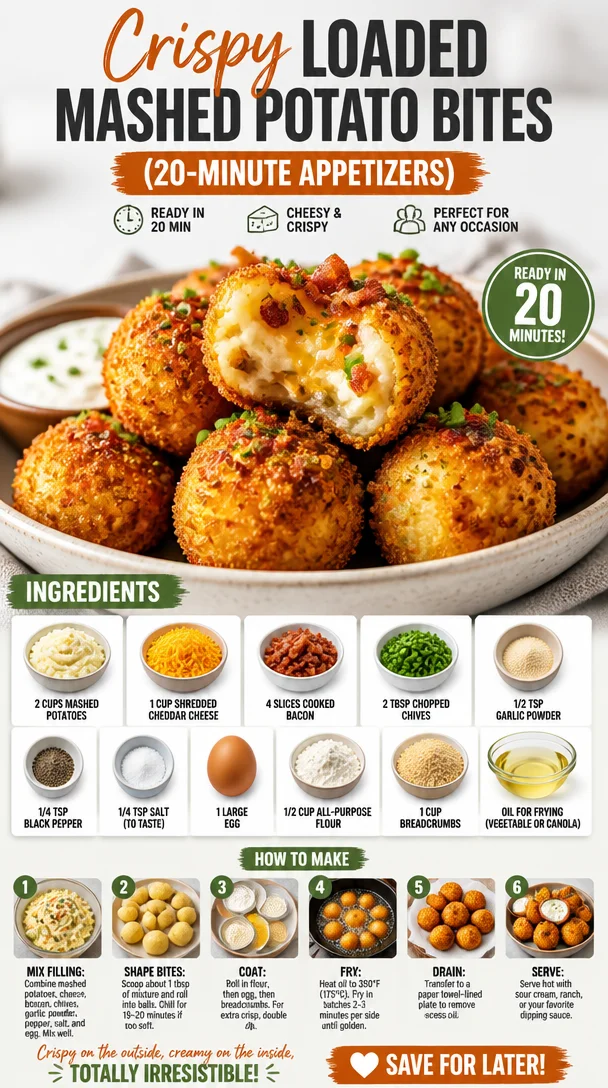 Plate of crispy loaded mashed potato bites, a quick appetizer option