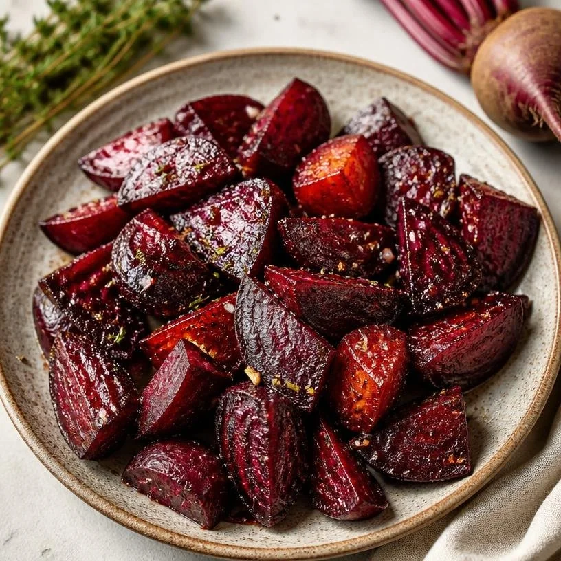 Plate of crispy oven-roasted beets ready to serve as a side dish.