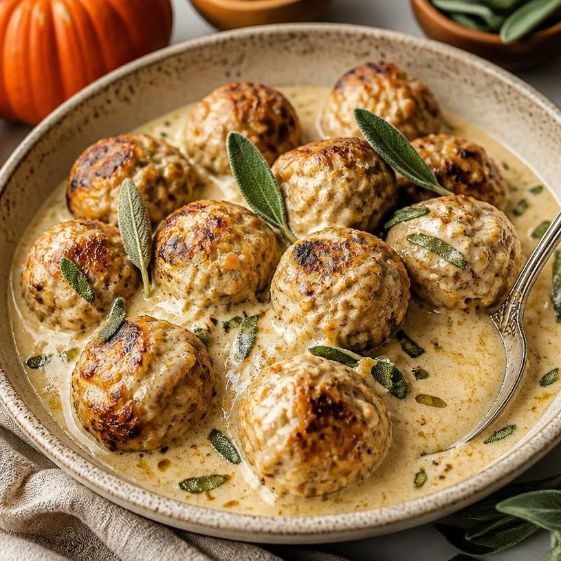 Fall pumpkin chicken meatballs recipe with sage cream sauce
