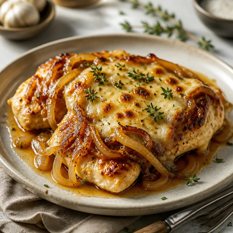 Delicious French Onion Chicken topped with cheese and caramelized onions