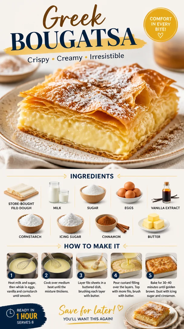 A plate of traditional Greek Bougatsa filled with creamy custard and topped with powdered sugar.