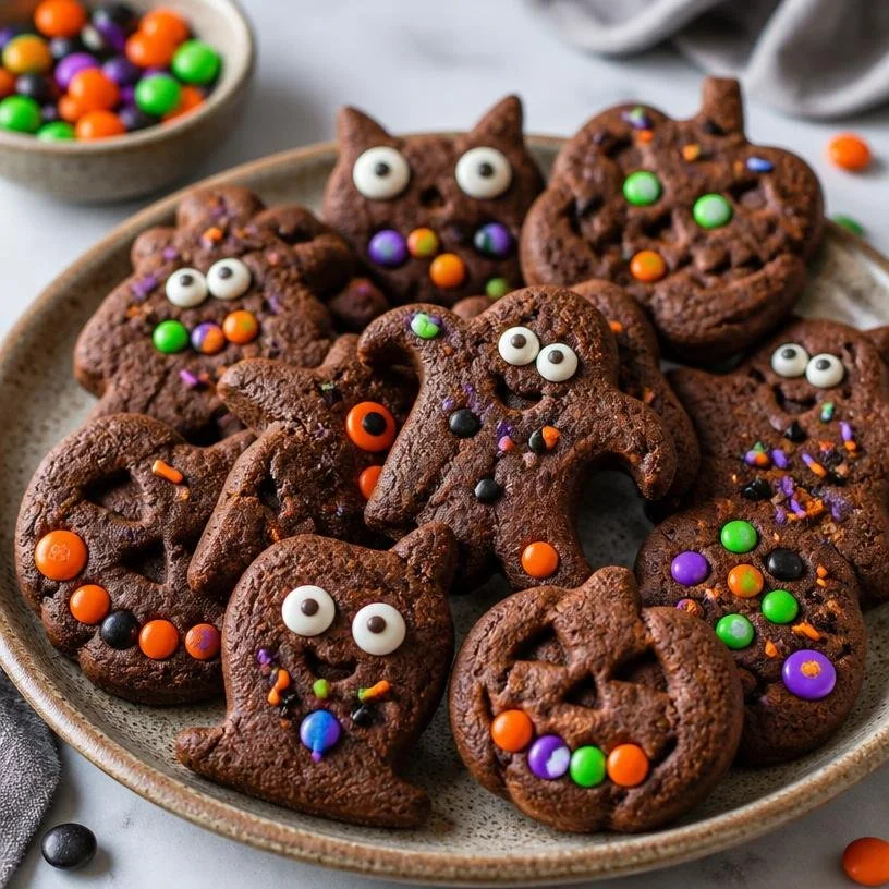 Colorful Halloween cookies shaped like ghosts, pumpkins, and bats for Halloween festivities.