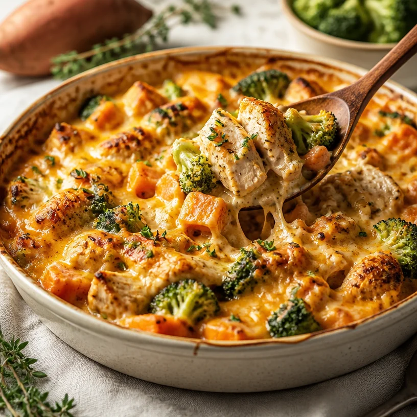 Harvest Chicken Casserole topped with fresh herbs and vegetables
