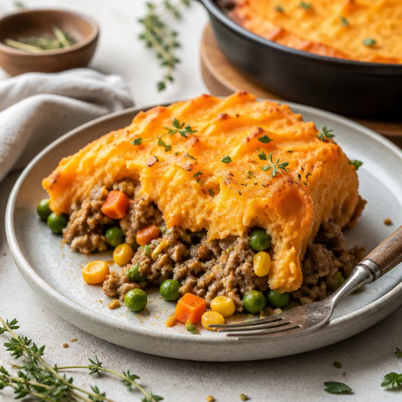 Healthy one-pan sweet potato shepherd's pie topped with golden potatoes