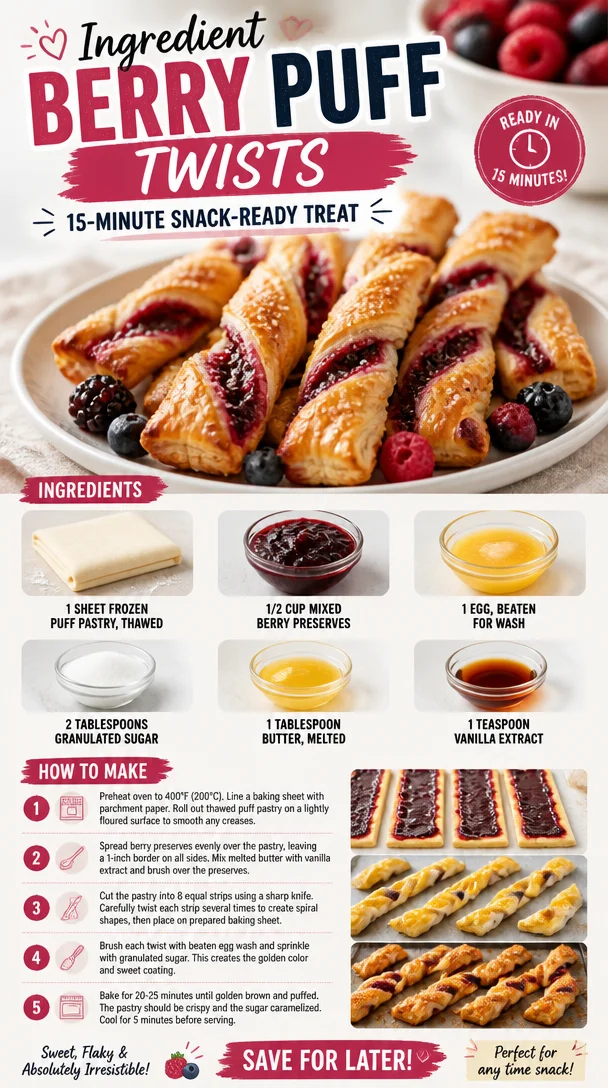 Delicious Berry Puff Twists ready in 15 minutes, perfect for a quick snack.