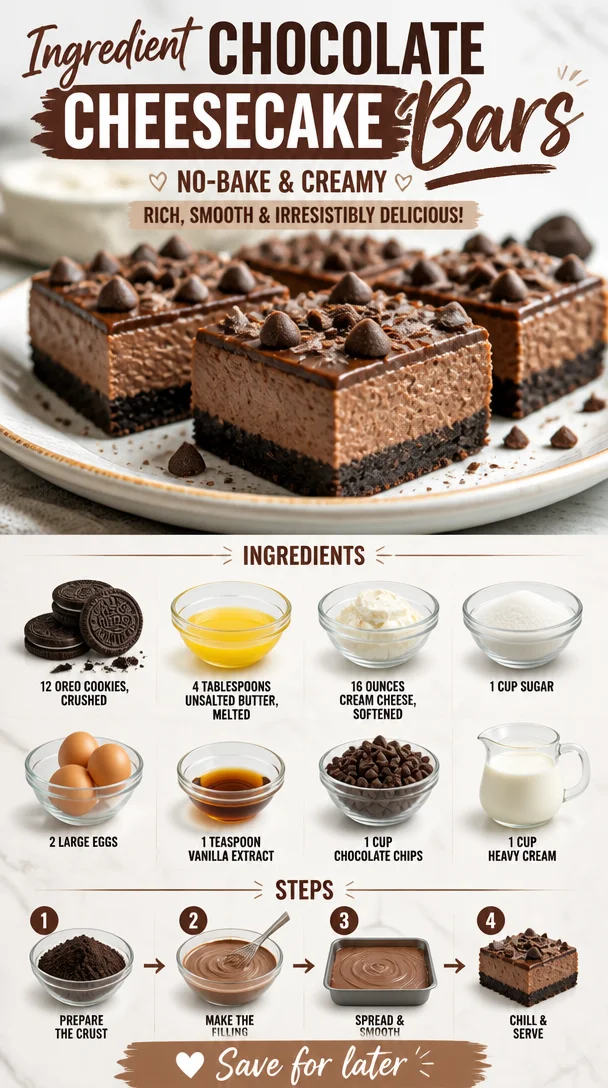 Delicious no-bake chocolate cheesecake bars made with creamy ingredients
