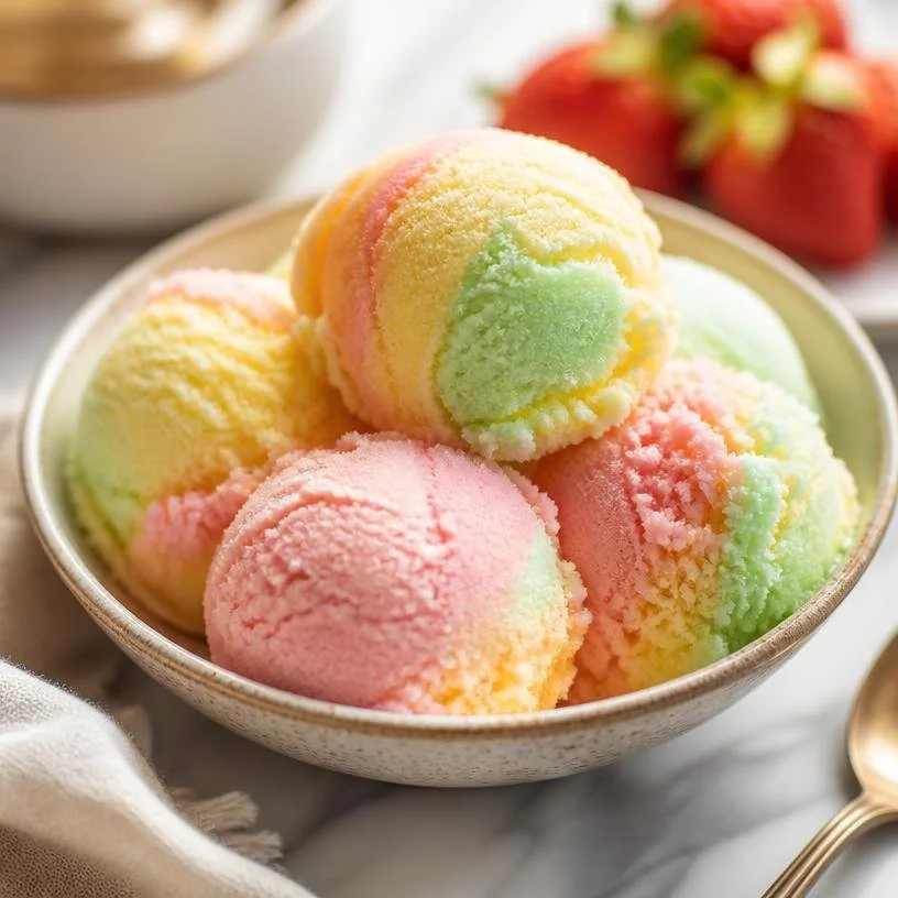 Colorful bowls of creamy rainbow sherbet, perfect for summer desserts.