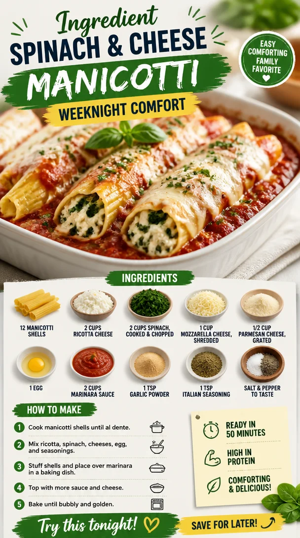 Delicious spinach cheese manicotti baked to perfection with herbs and cheese
