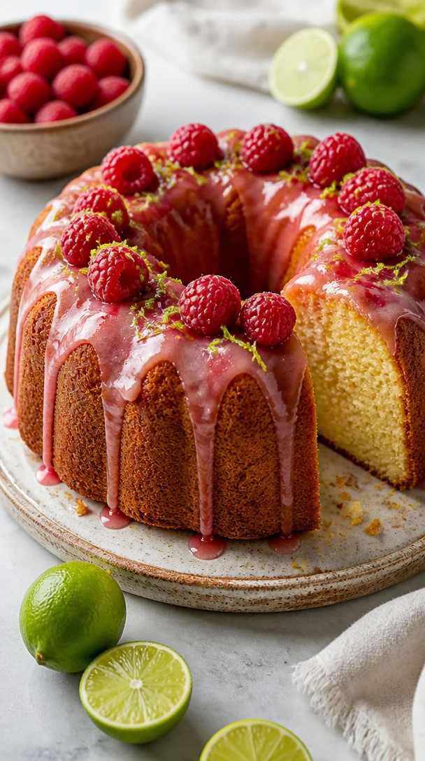 Delicious Key Lime Cake with Raspberry Glaze on a white plate