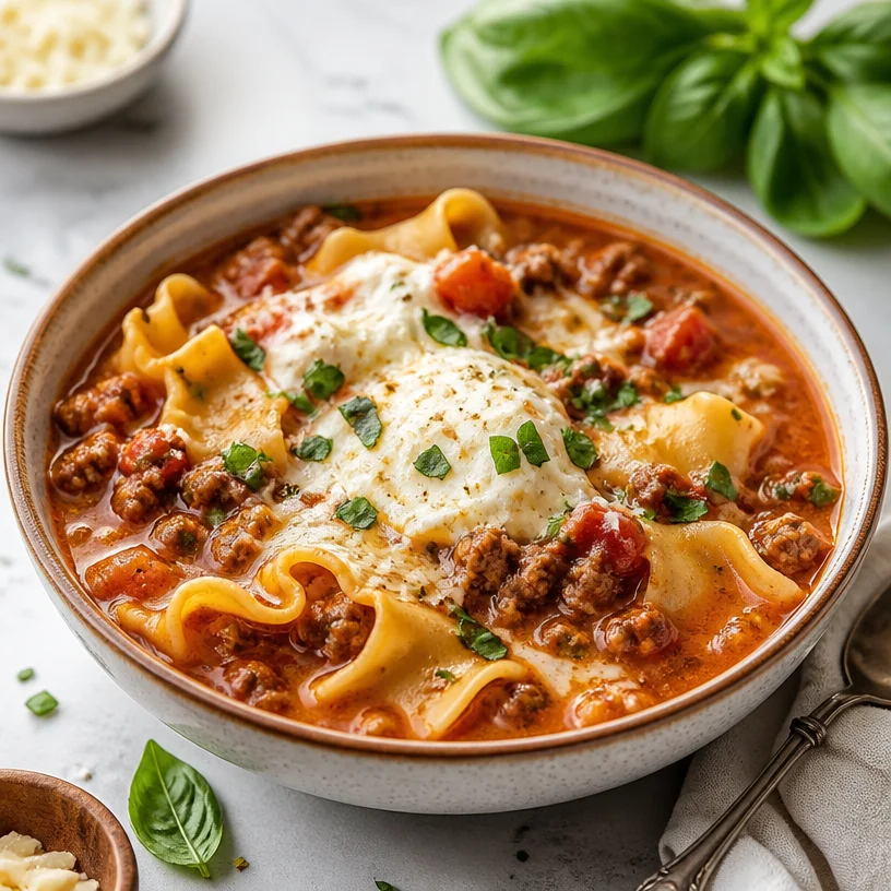 Delicious bowl of Lasagna Soup garnished with herbs and cheese