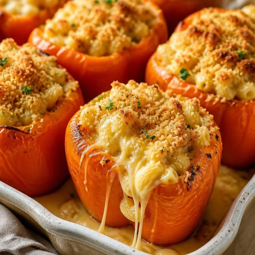 Macaroni and cheese stuffed peppers on a plate, garnished and ready to serve
