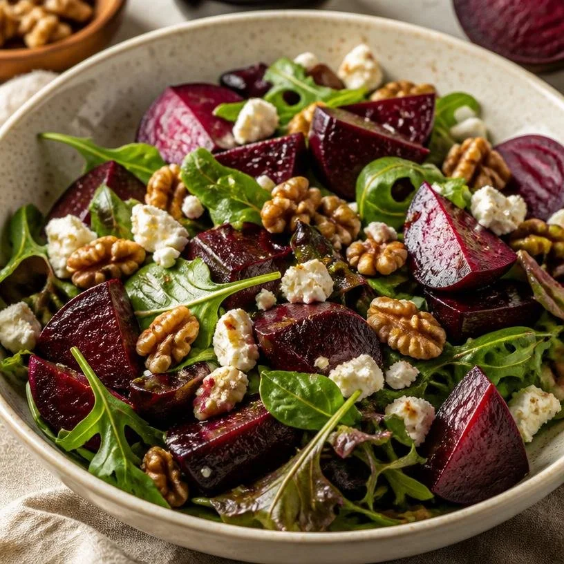 Meal-Prep Balsamic Roasted Beet Salad with Goat Cheese and Walnuts on a plate