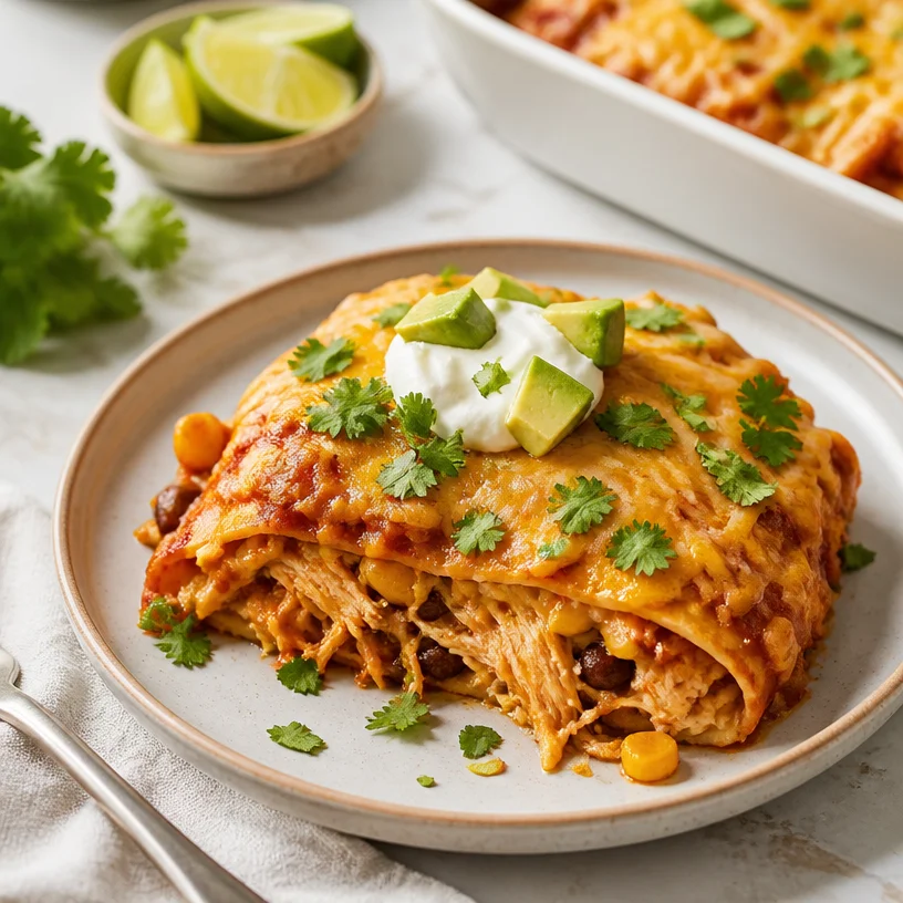 Delicious meal-prep chicken enchilada casserole baked and ready to serve.