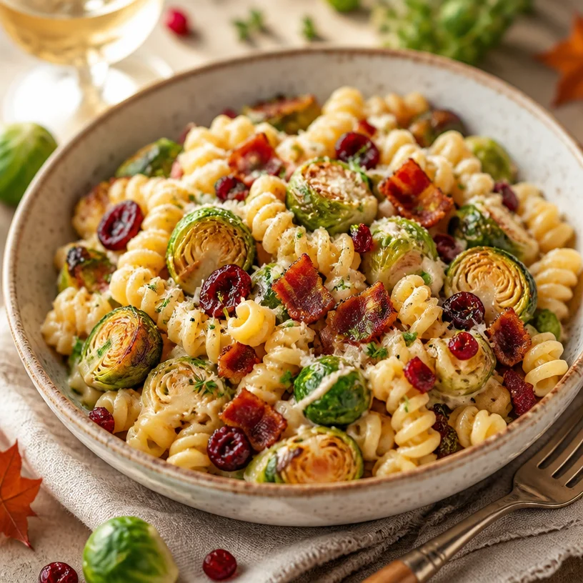 Bowl of Minute Autumn Harvest Pasta topped with fresh veggies and herbs.
