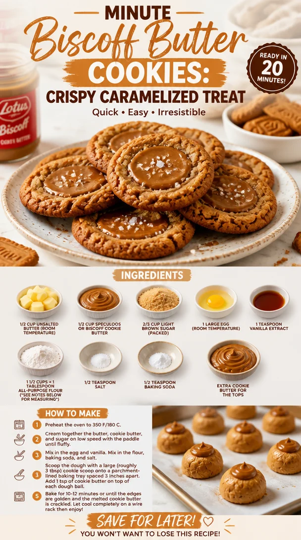 Crispy caramelized Biscoff butter cookies on a rustic wooden table.