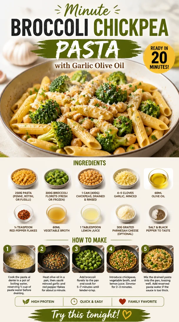 Minute Broccoli Chickpea Pasta with Garlic Olive Oil dish