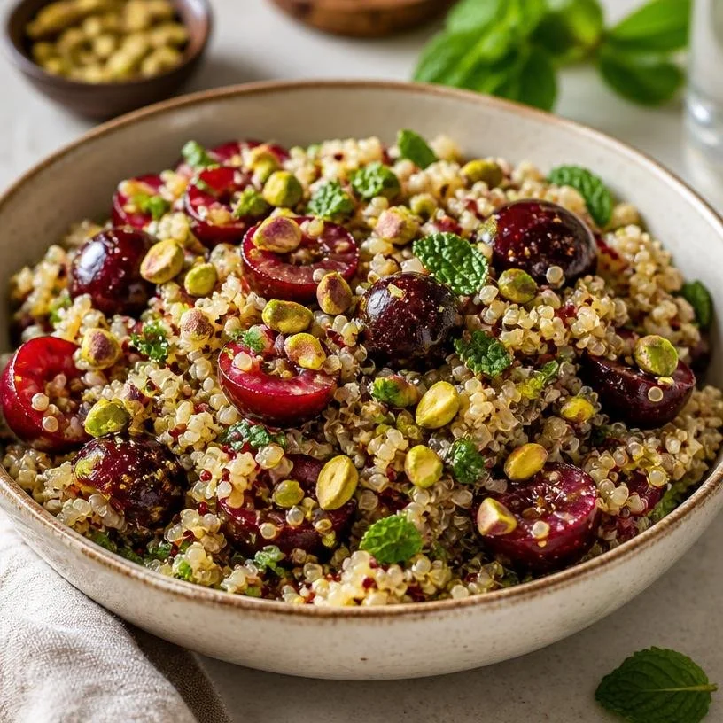 Colorful cherry pistachio mint quinoa salad in a bowl, perfect for meal prep.