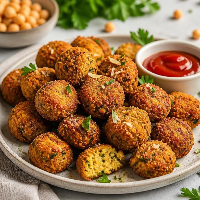 Plate of crispy chickpea nuggets on a table, healthy and delicious snack option.