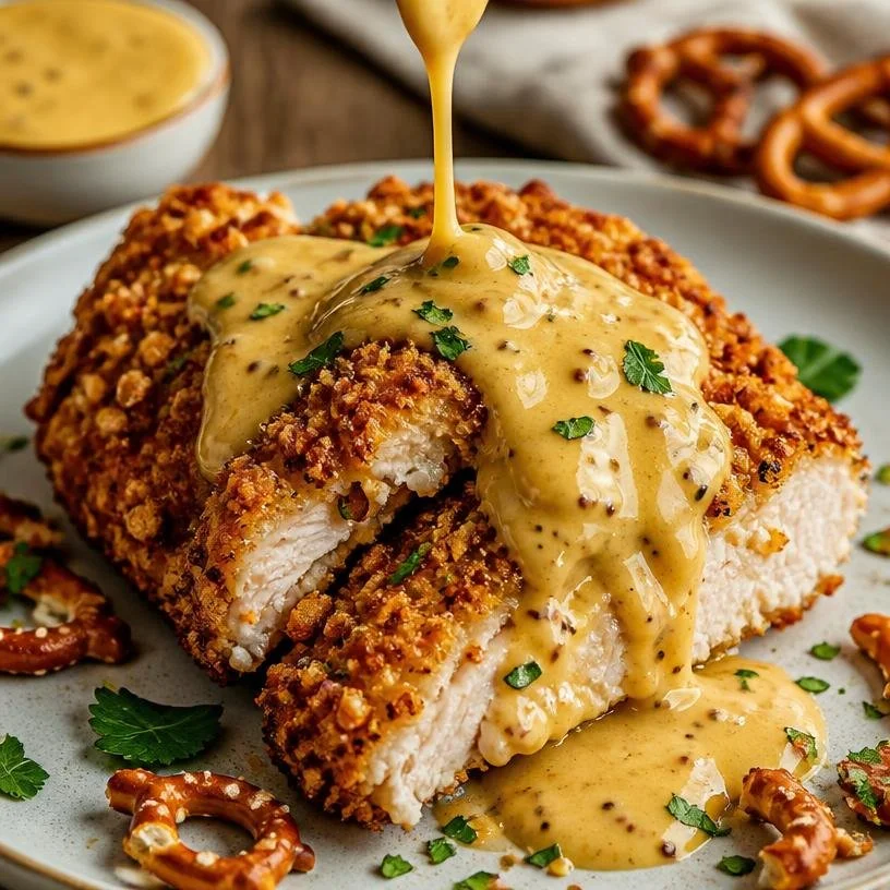 Minute Crispy Pretzel Chicken served with Cheddar-Mustard Sauce on a plate.