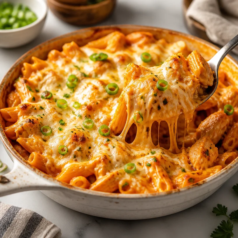 One-Pan Buffalo Chicken Pasta Bake served on a plate with fresh herbs