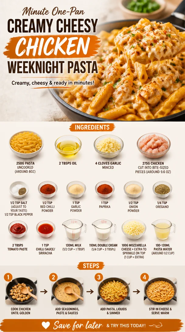 One-Pan Creamy Cheesy Chicken Pasta served in a bowl with herbs