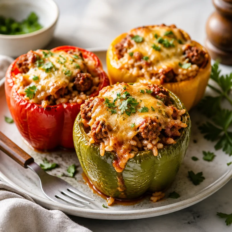 One-pan sausage stuffed peppers recipe with vibrant colors and ingredients