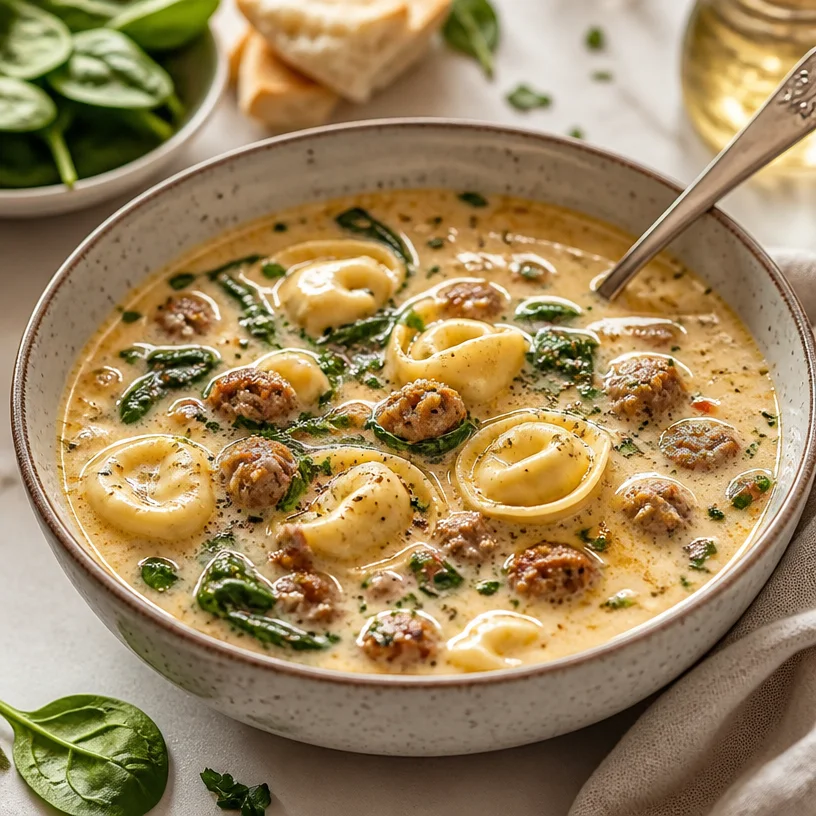 Bowl of creamy tortellini soup topped with herbs and cheese