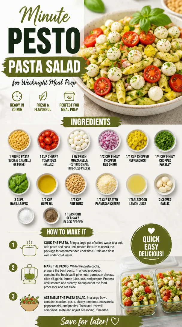 A colorful bowl of Minute Pesto Pasta Salad with fresh ingredients.