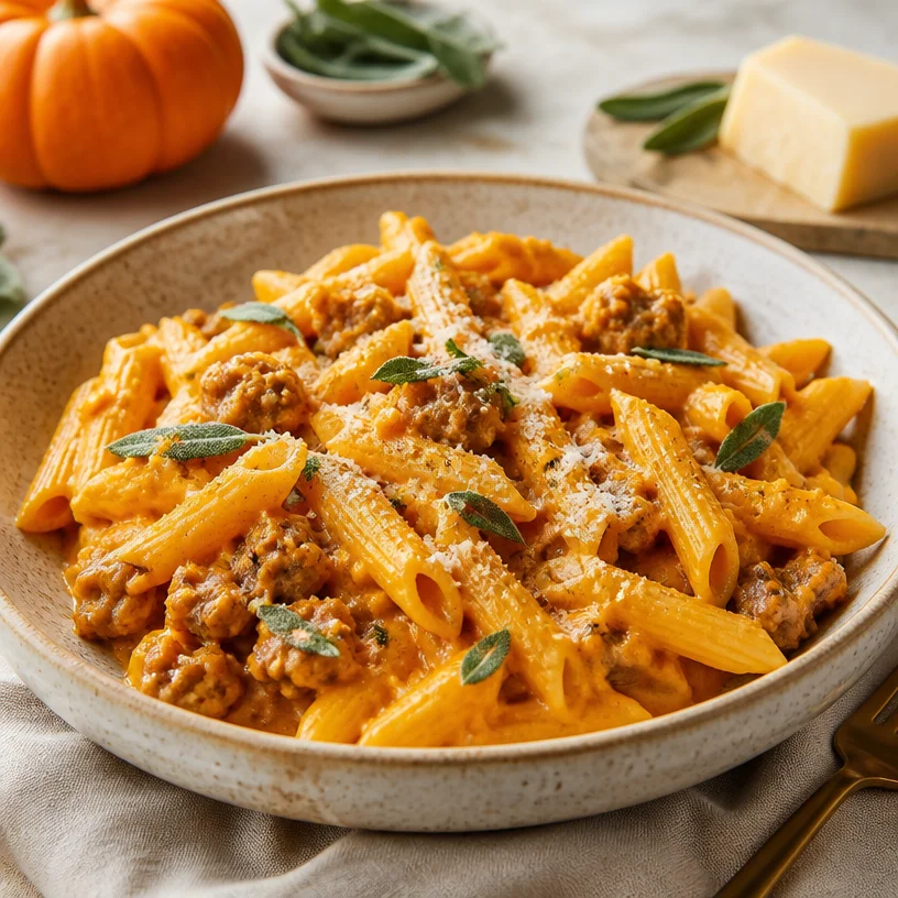 Creamy sausage pumpkin pasta dish, perfect for autumn weeknight meals.