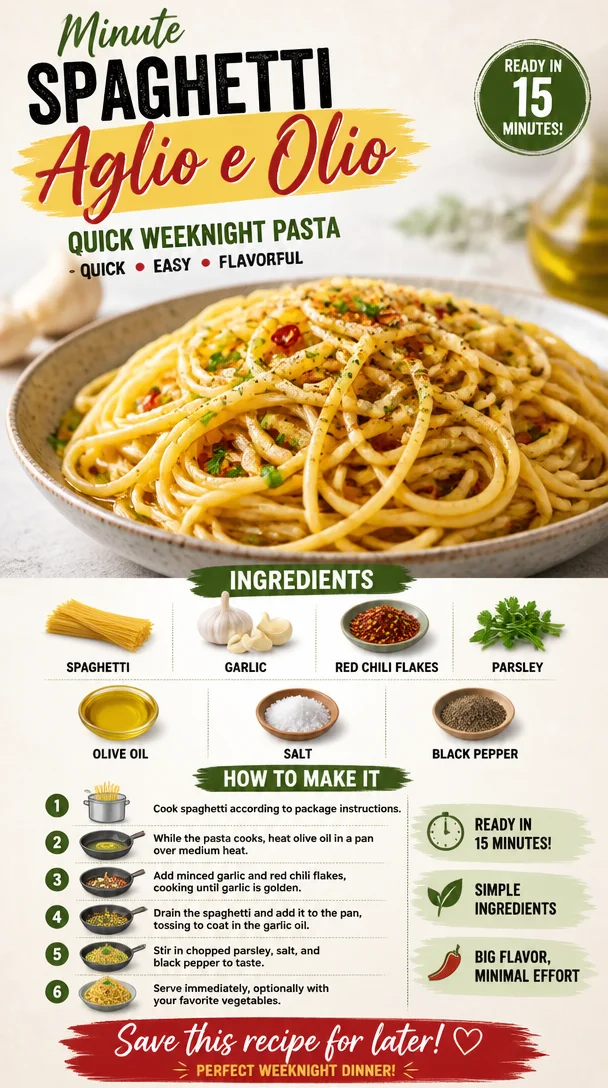 Plate of quick spaghetti aglio e olio garnished with parsley and chili flakes