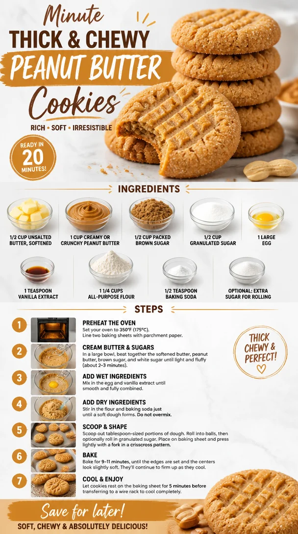Delicious minute thick and chewy peanut butter cookies on a plate