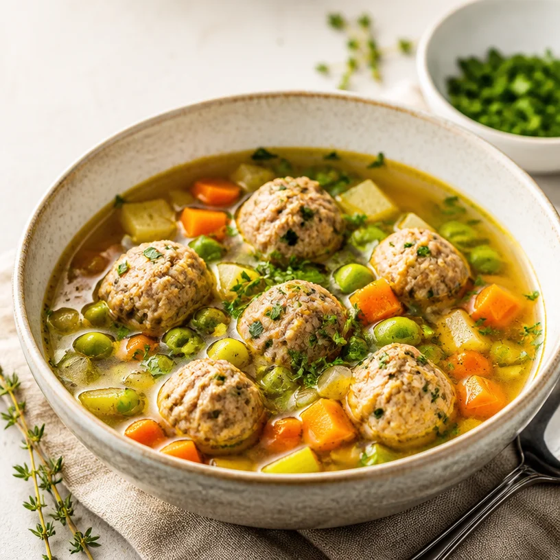Delicious bowl of Minute Turkey Meatball Soup with fresh herbs and vegetables