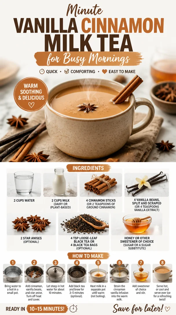 Cup of delicious vanilla cinnamon milk tea for busy mornings
